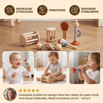 Montessori Trä-Musikinstrument Set för Bebisar – 5-delat Sensoriskt & Rassel Leksak