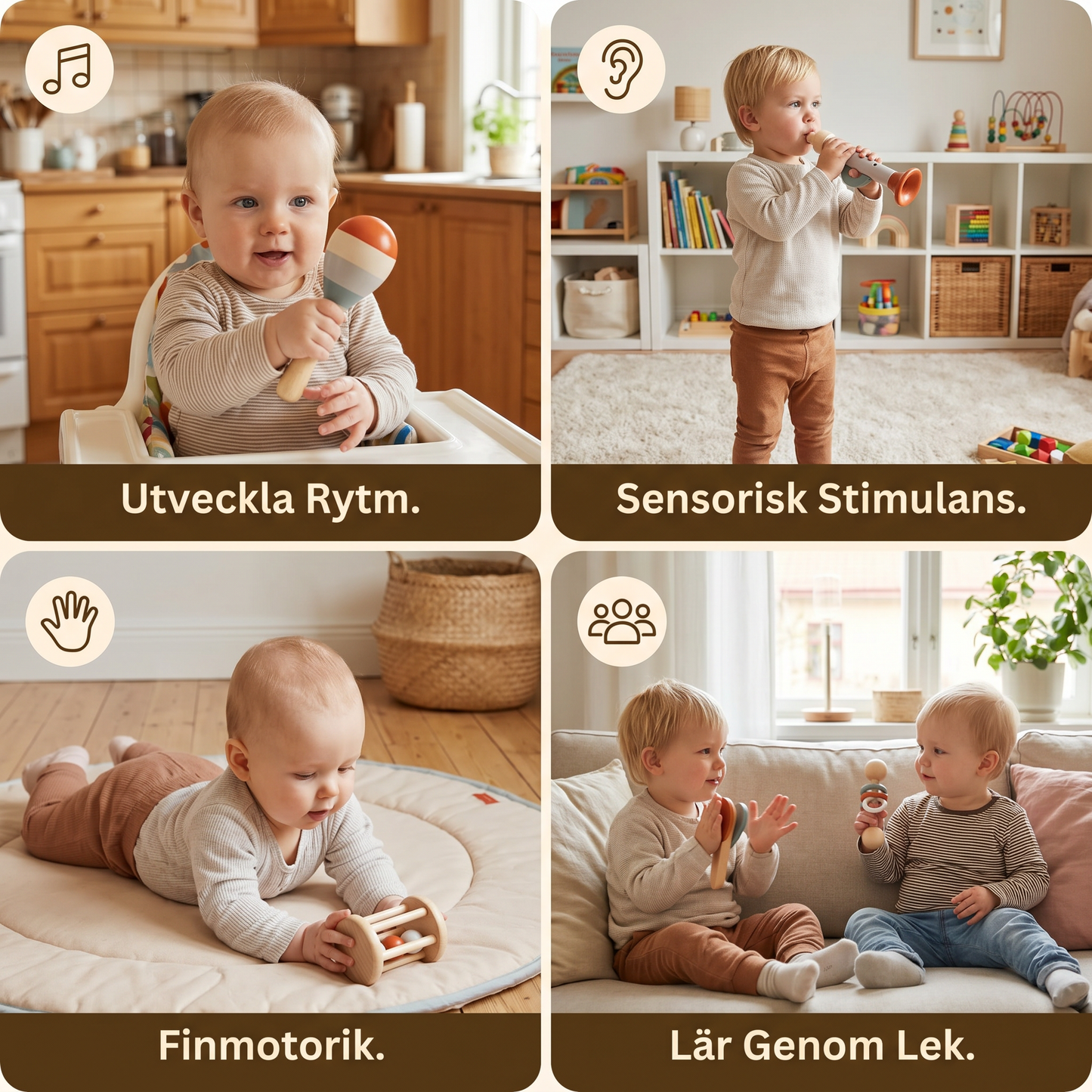 Montessori Trä-Musikinstrument Set för Bebisar – 5-delat Sensoriskt & Rassel Leksak