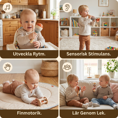 Montessori Trä-Musikinstrument Set för Bebisar – 5-delat Sensoriskt & Rassel Leksak