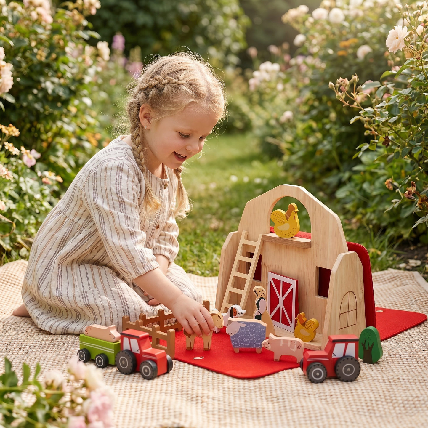 Montessori Trä- och Filtbondgård för Resor – Perfekt för Lek på Språng