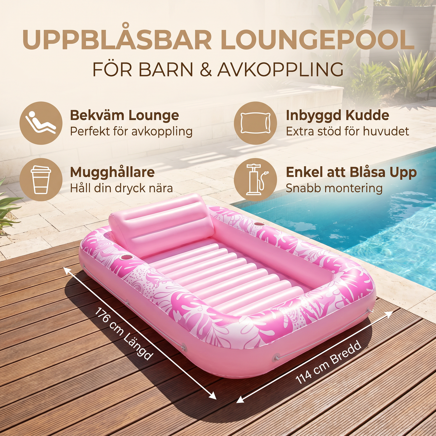 Uppblåsbar loungepool med kudde & mugghållare