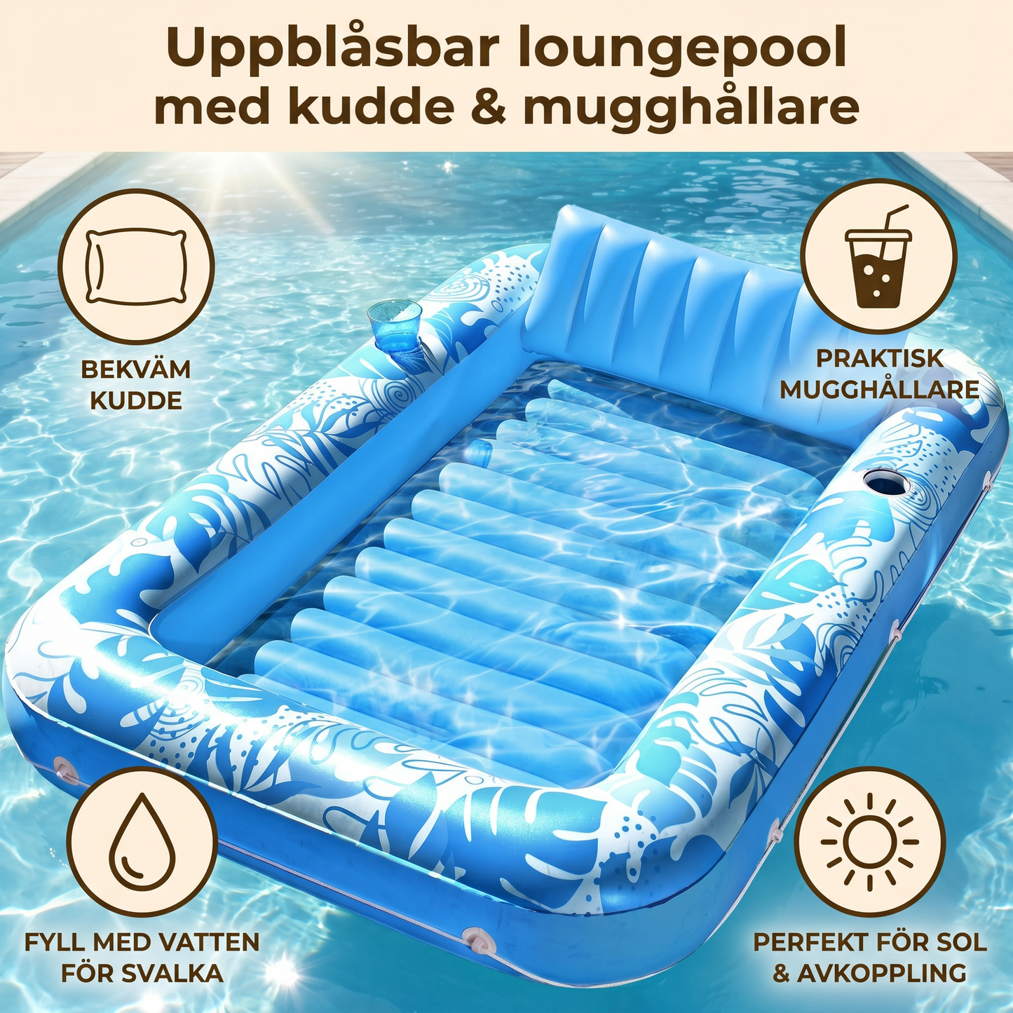 Uppblåsbar loungepool med kudde & mugghållare