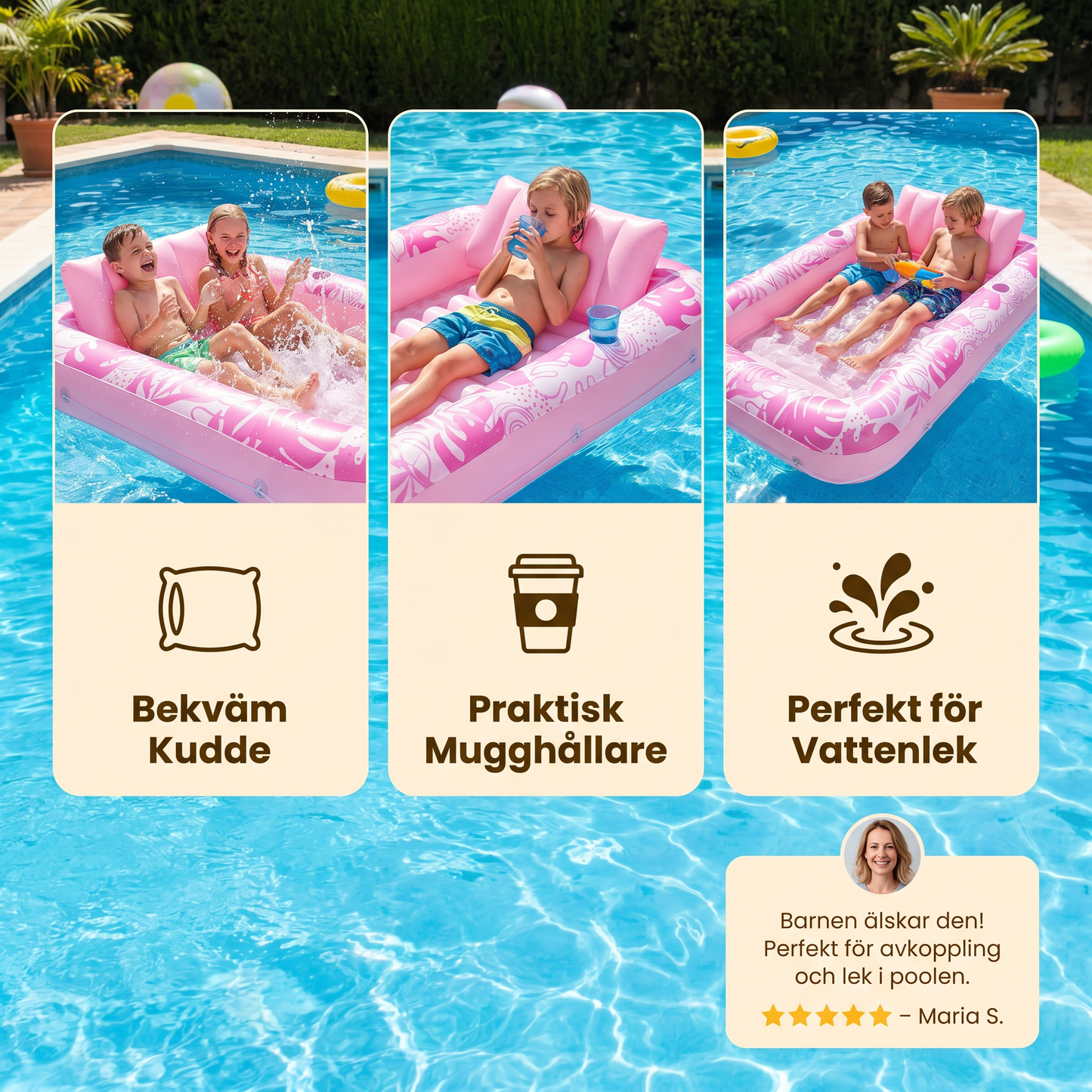 Uppblåsbar loungepool med kudde & mugghållare