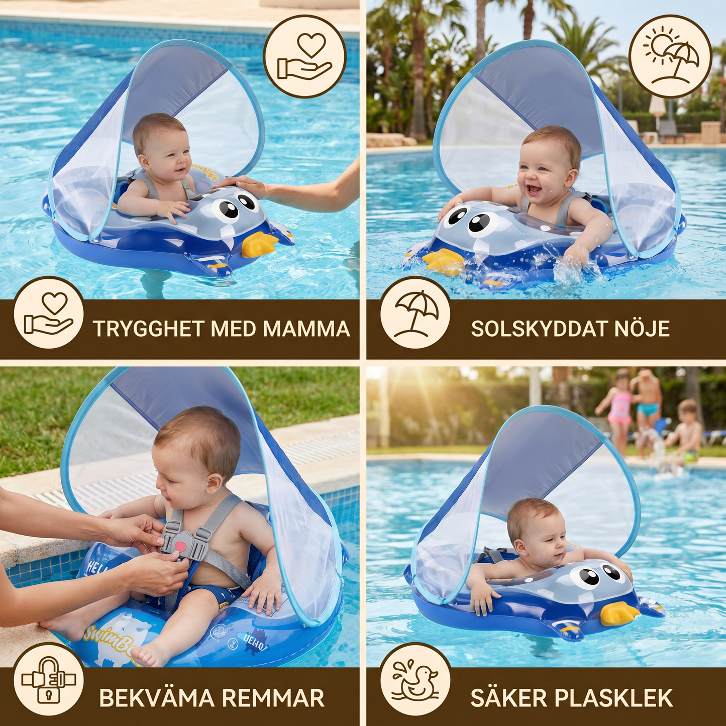 Uppblåsbar Babysimring med Axelselremmar & Soltak – Säker Poolsits för Bebisar