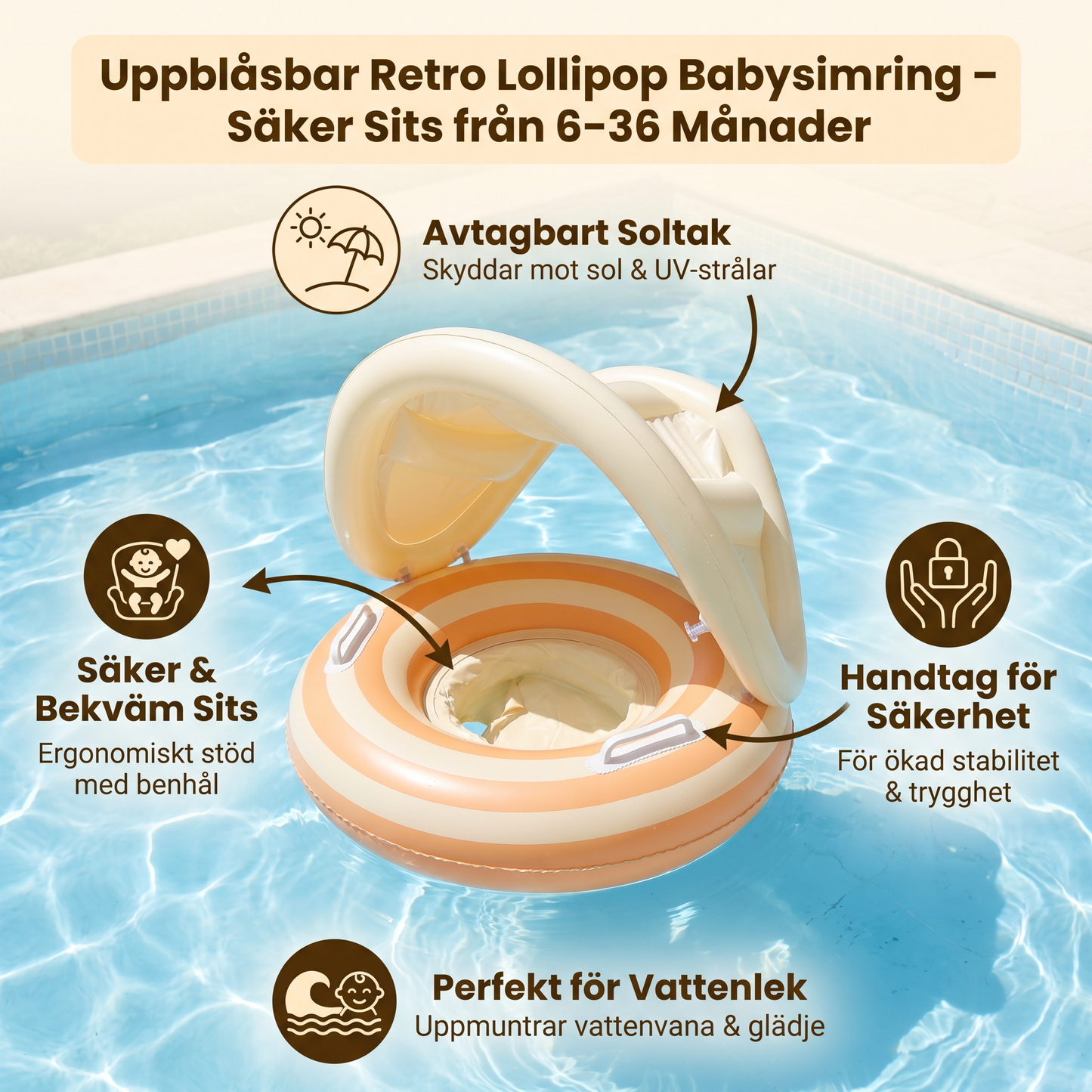 Uppblåsbar Retro Lollipop Babysimring med Avtagbart Soltak – Säker Sits från 6–36 Månader