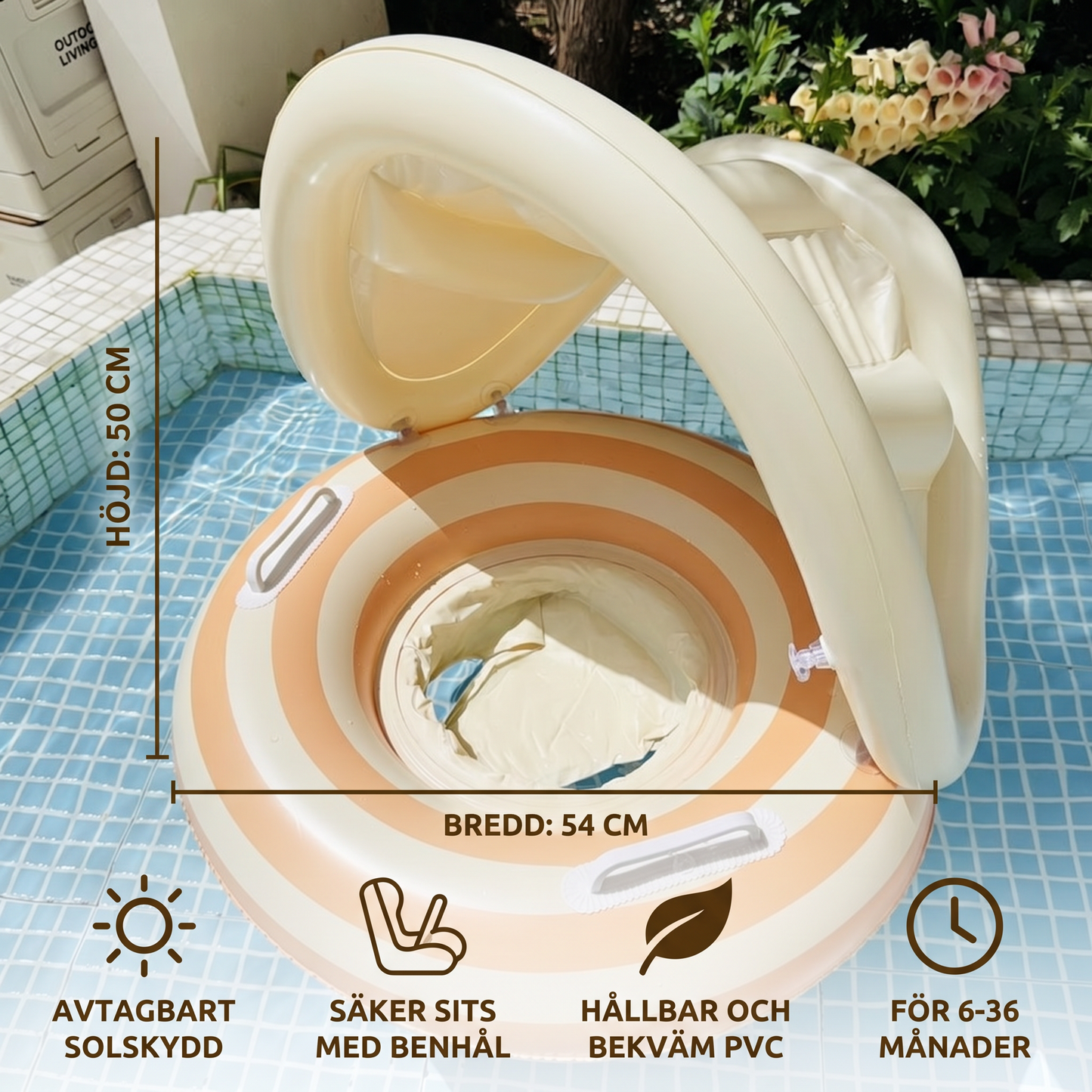 Uppblåsbar Retro Lollipop Babysimring med Avtagbart Soltak – Säker Sits från 6–36 Månader