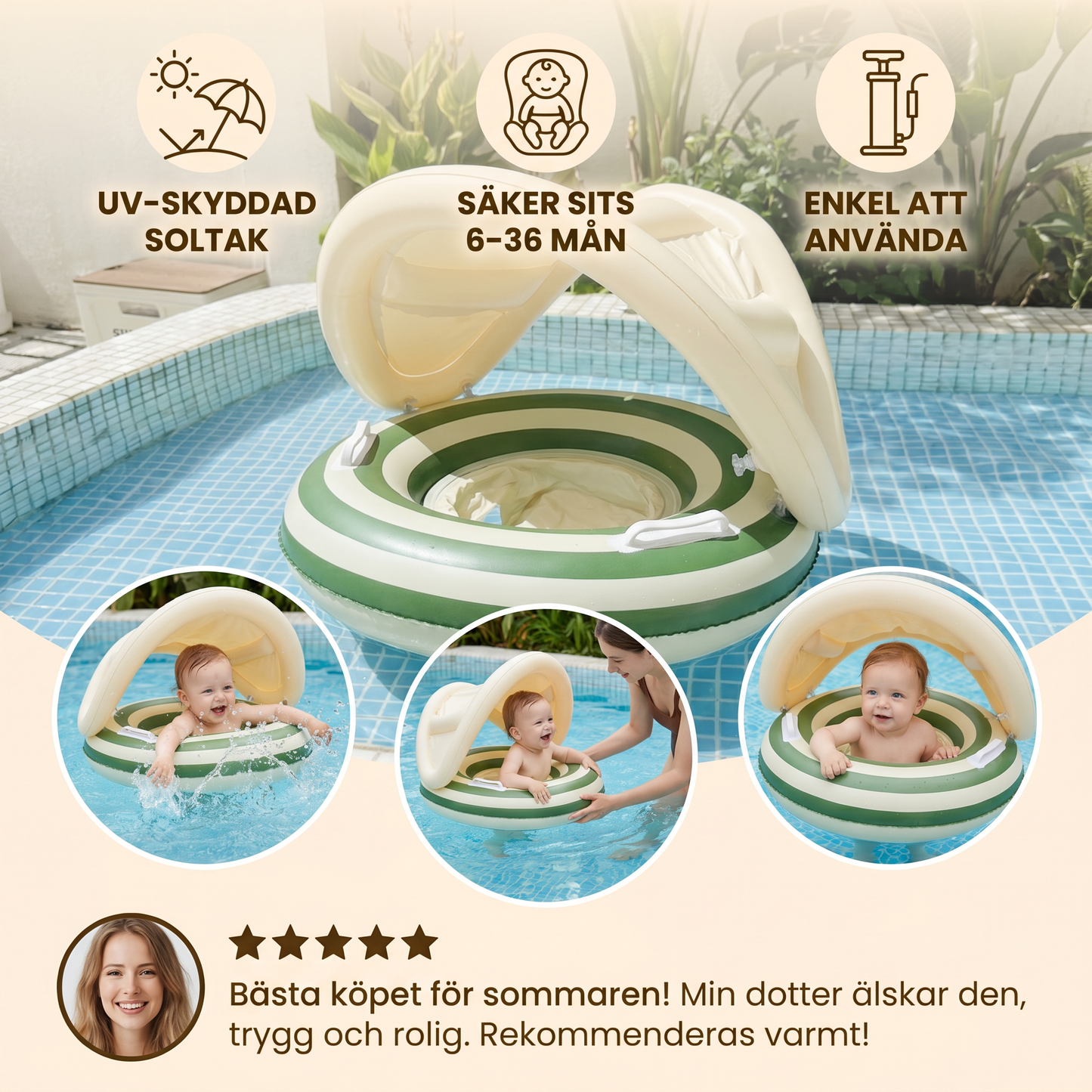 Uppblåsbar Retro Lollipop Babysimring med Avtagbart Soltak – Säker Sits från 6–36 Månader