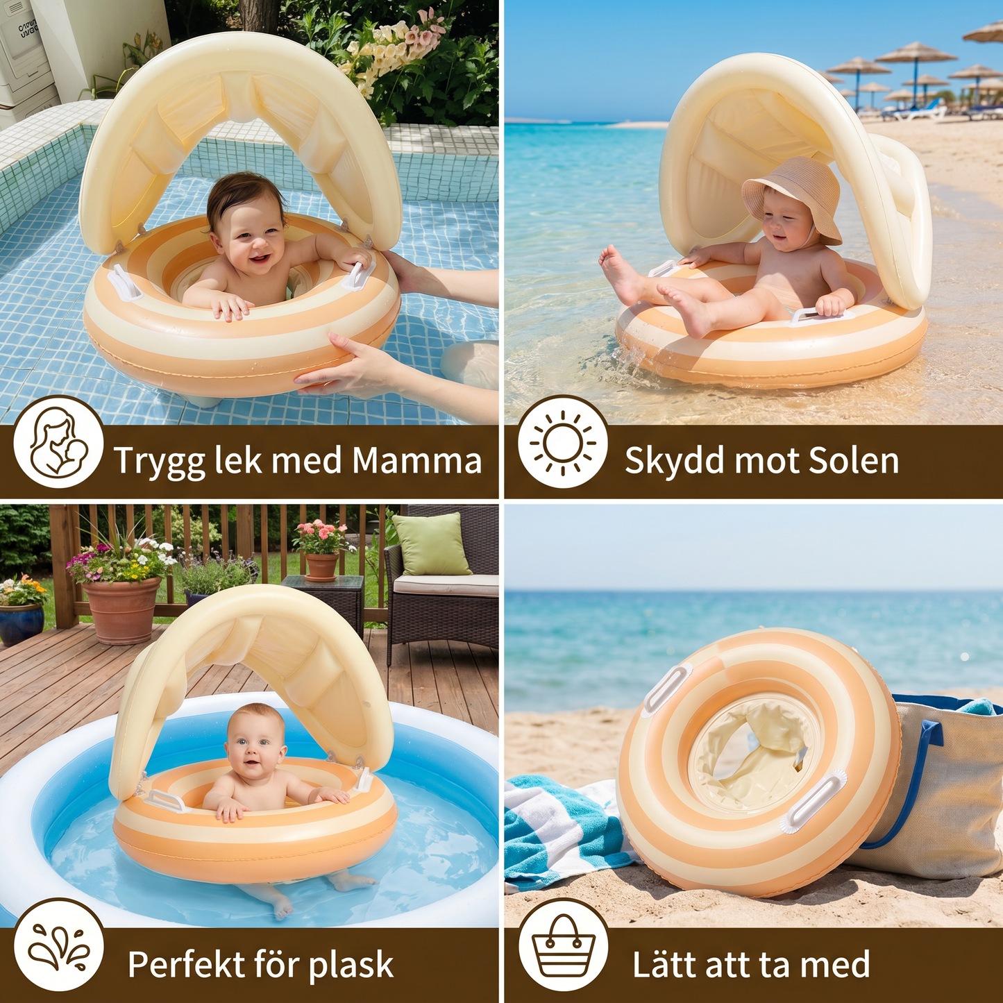 Uppblåsbar Retro Lollipop Babysimring med Avtagbart Soltak – Säker Sits från 6–36 Månader