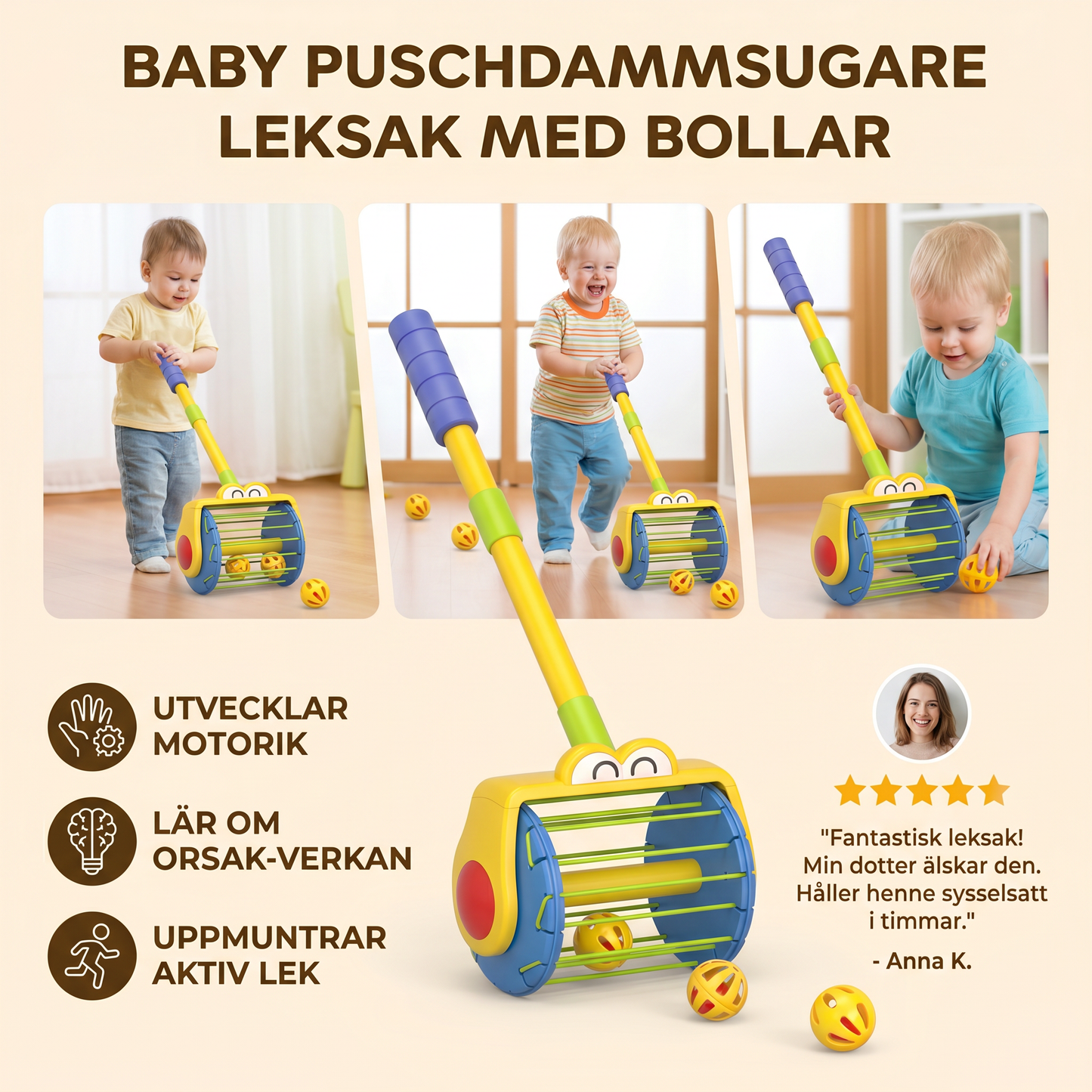 Baby Puschdammsugare Leksak med Bollar för Småbarn