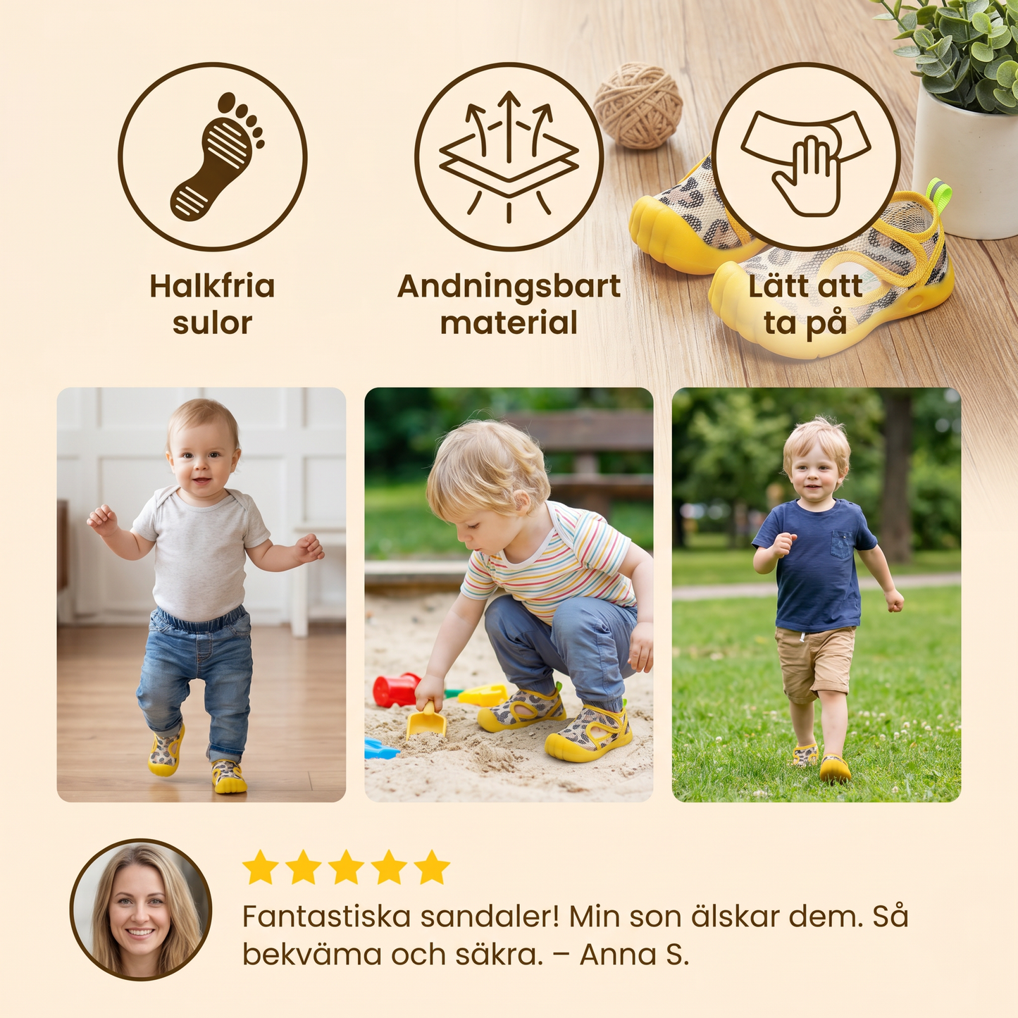Sommarbarnsandaler med halkfria sulor och andningsbart material