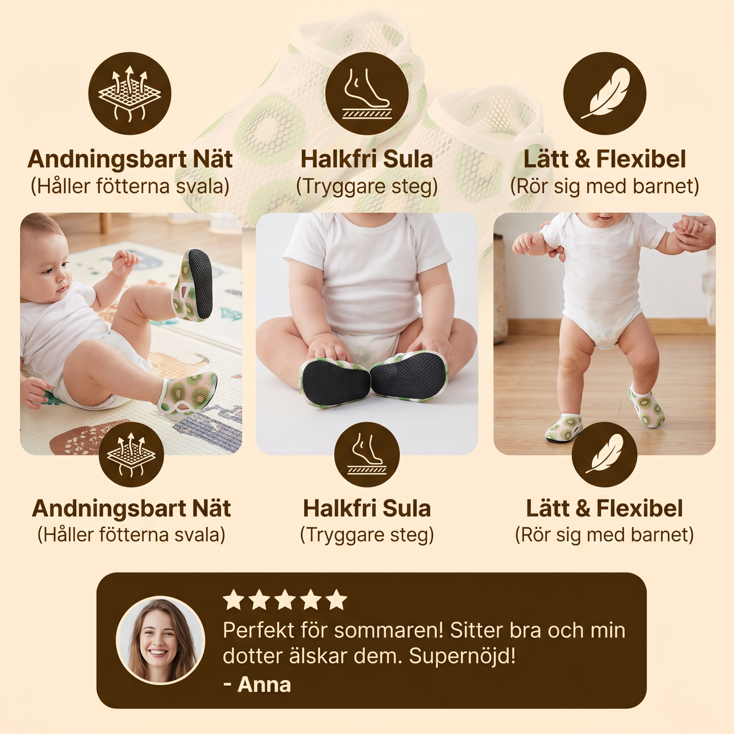 Sommarbarnskor i andningsbart material med fruktdesign