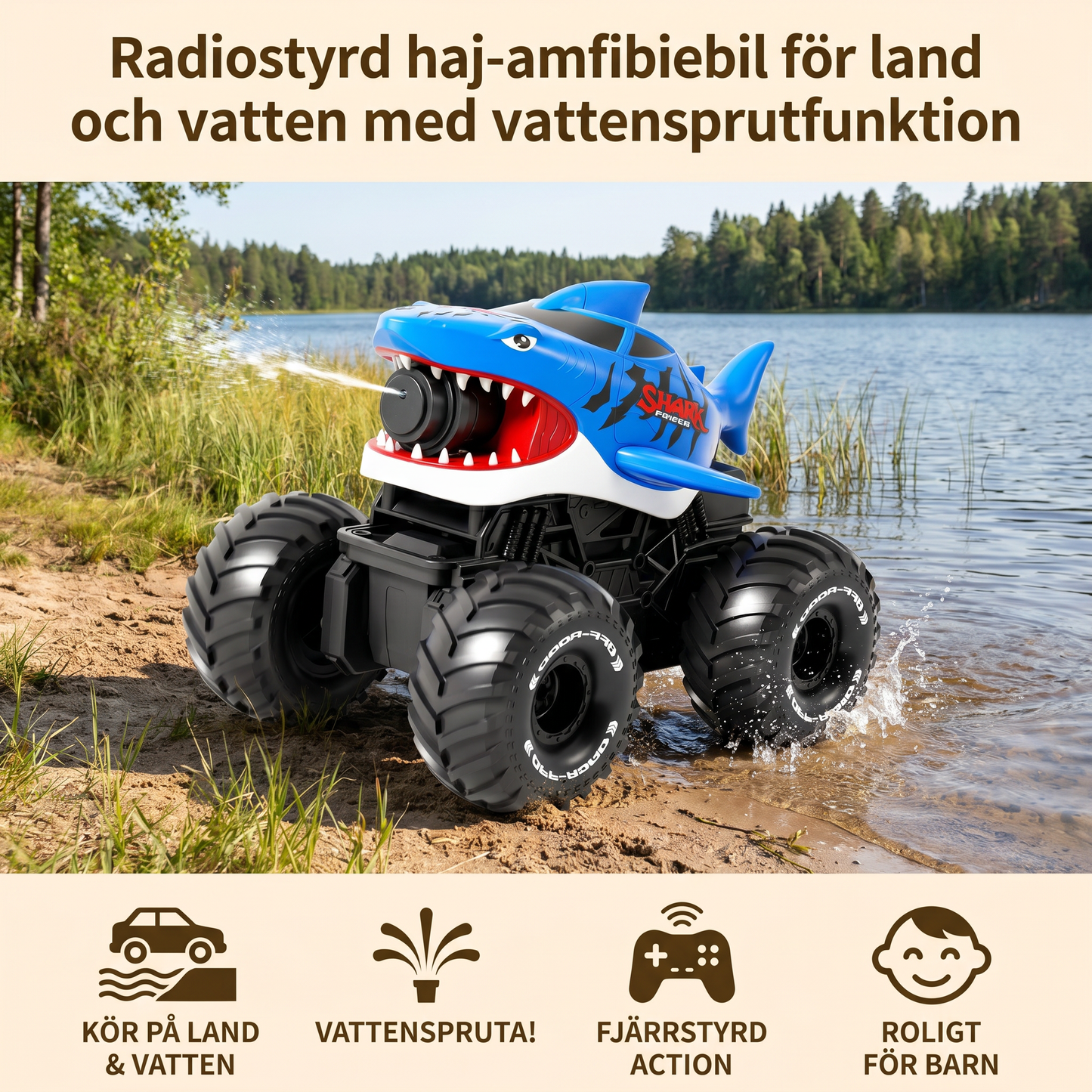 Radiostyrd haj-amfibiebil för land och vatten med vattensprutfunktion