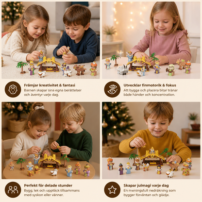 Julkrubba adventskalender med byggklossar för barn