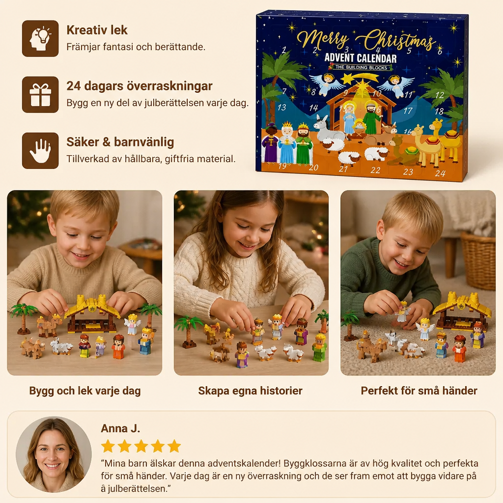 Julkrubba adventskalender med byggklossar för barn