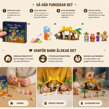 Julkrubba adventskalender med byggklossar för barn