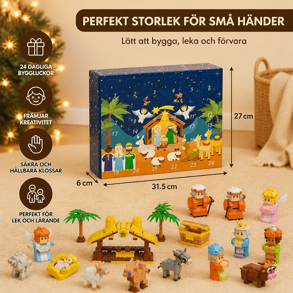 Julkrubba adventskalender med byggklossar för barn