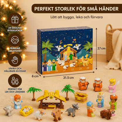 Julkrubba adventskalender med byggklossar för barn