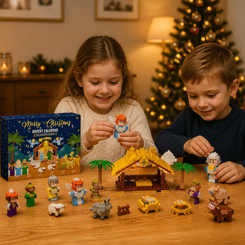 Julkrubba adventskalender med byggklossar för barn