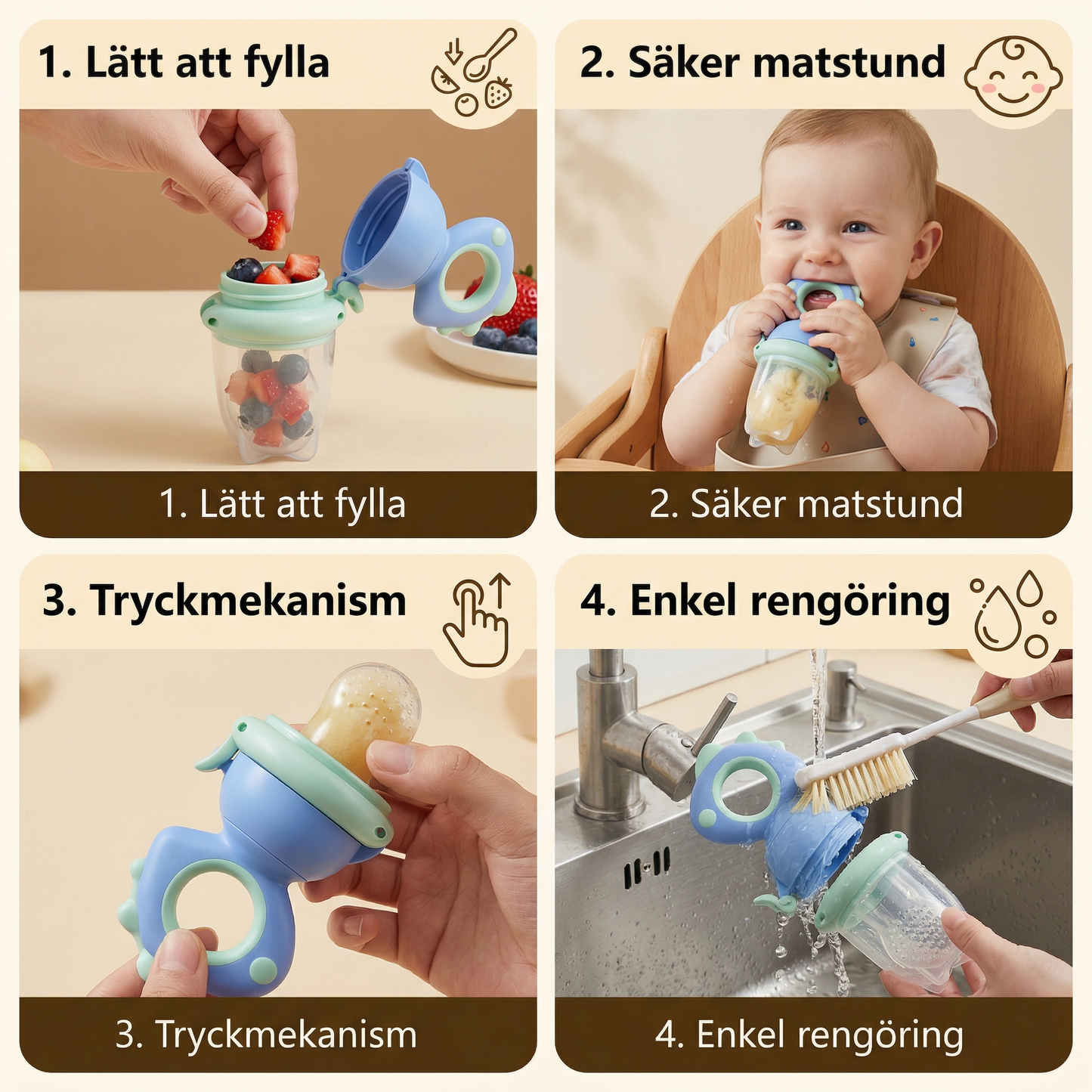 Baby-fruktmatare – Silikonbitring med tryckmekanism