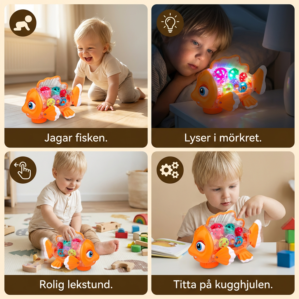 Lysande kugghjulsfiskleksak för barn – Transparenta rörliga kugghjul med musik och rörelse