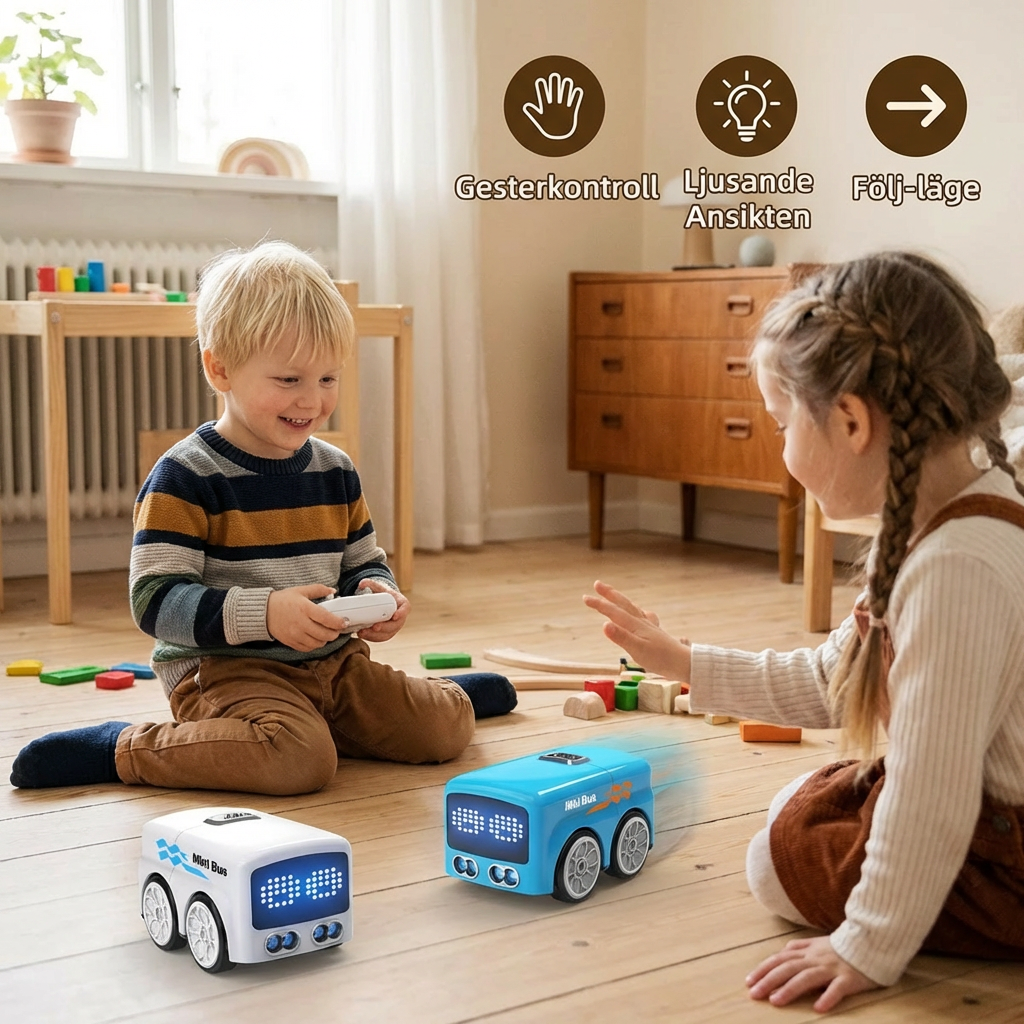 Smart RC Mini Bus Leksak – Geststyrning Ljusupplyst Tecknad Bil för Barn