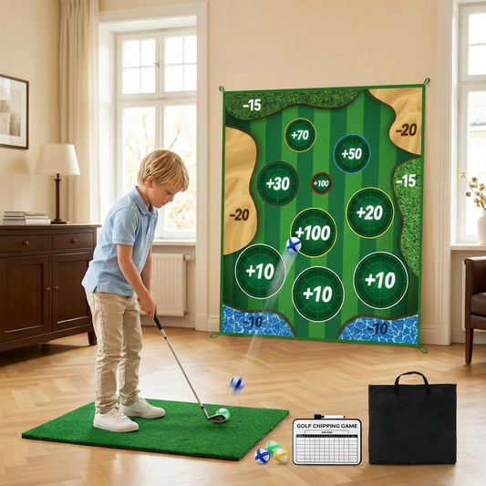 2i1 Golf Tränings- och Lekset – Inomhus- och Utomhus Svingmatta med Målvägg och Klubb