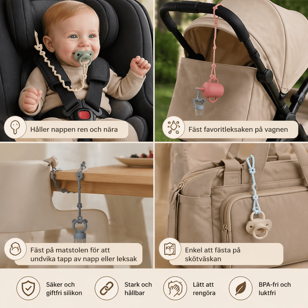 Silikon Babyklämma med Anti-Förlust Skydd – för Smockor & Leksaker (5 Stycken)