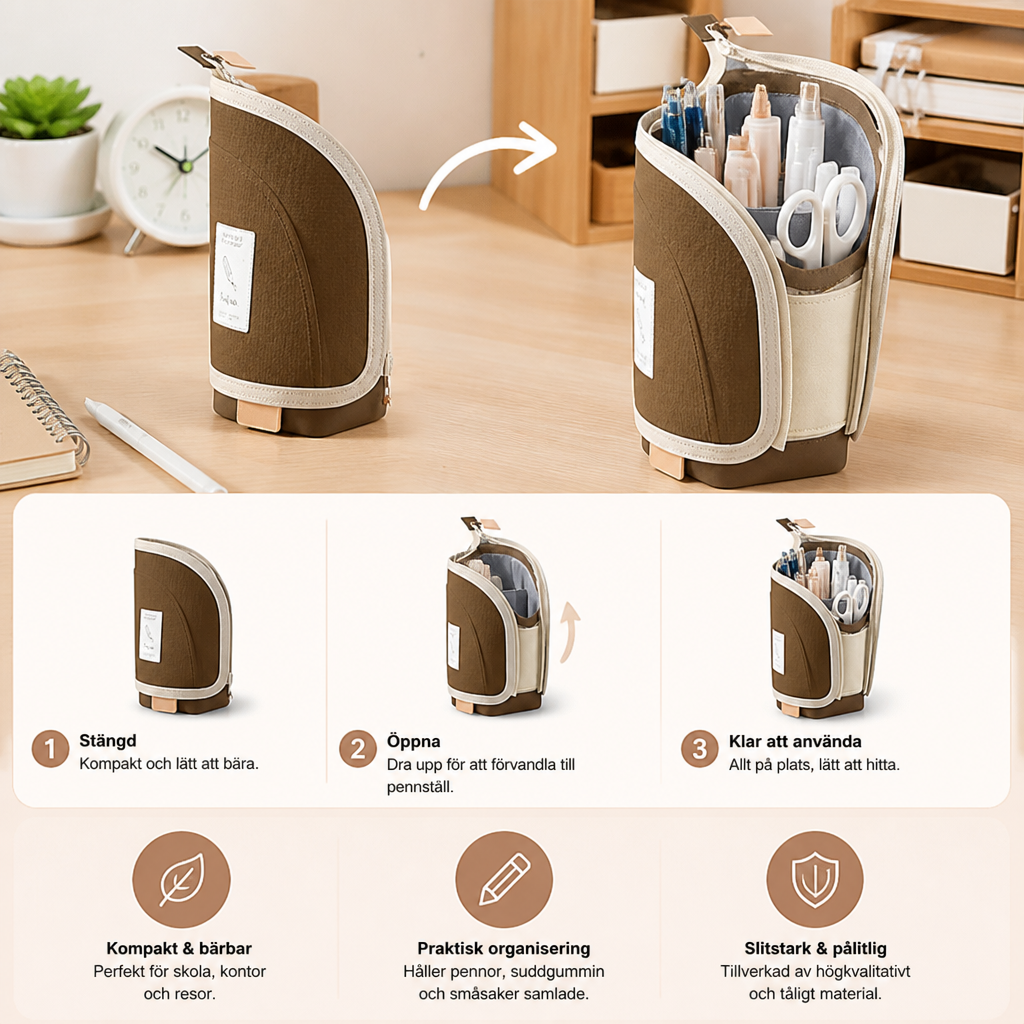 2-i-1 Pop-Up Pennfodral med Pennhållare – Platsbesparande Skrivbord Organizer