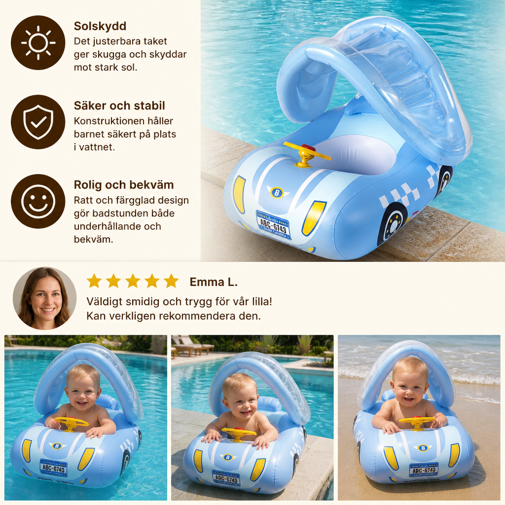 Uppblåsbar babysimring i bilform med solskydd