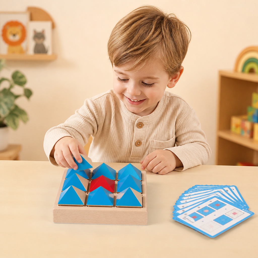 Träpussel med Geometriska Mönster – Spel för Logiskt och Rumsligt Tänkande