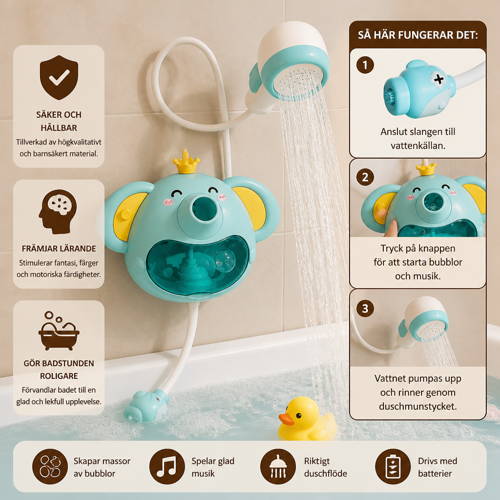 Musikalisk Badleksak i Form av en Elefant med Bubblor och Duschhuvud