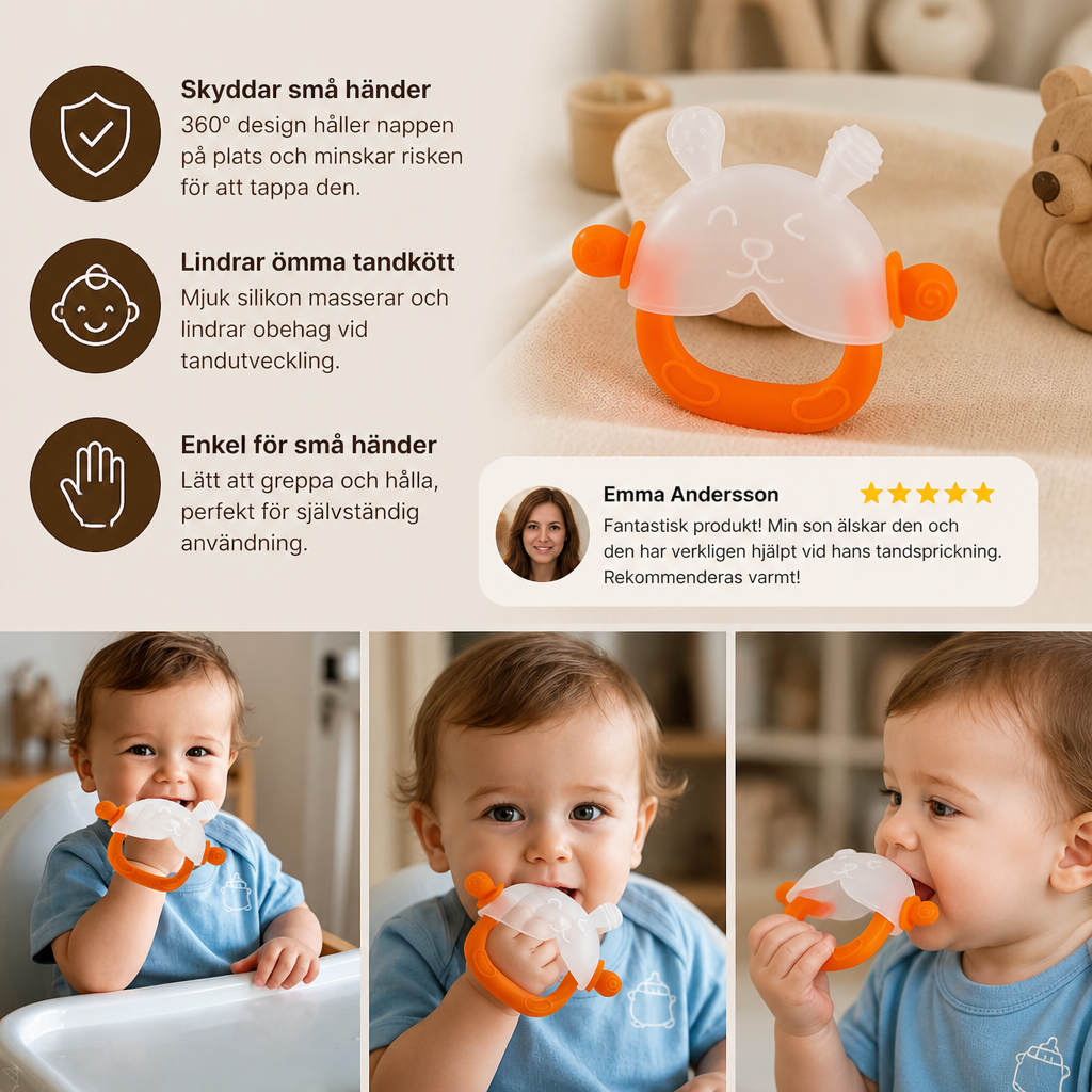 Bunny Baby Bitvante – Mjuk BPA-fri Silikonbitring med Anti-tapphandledsband (3–18 månader)