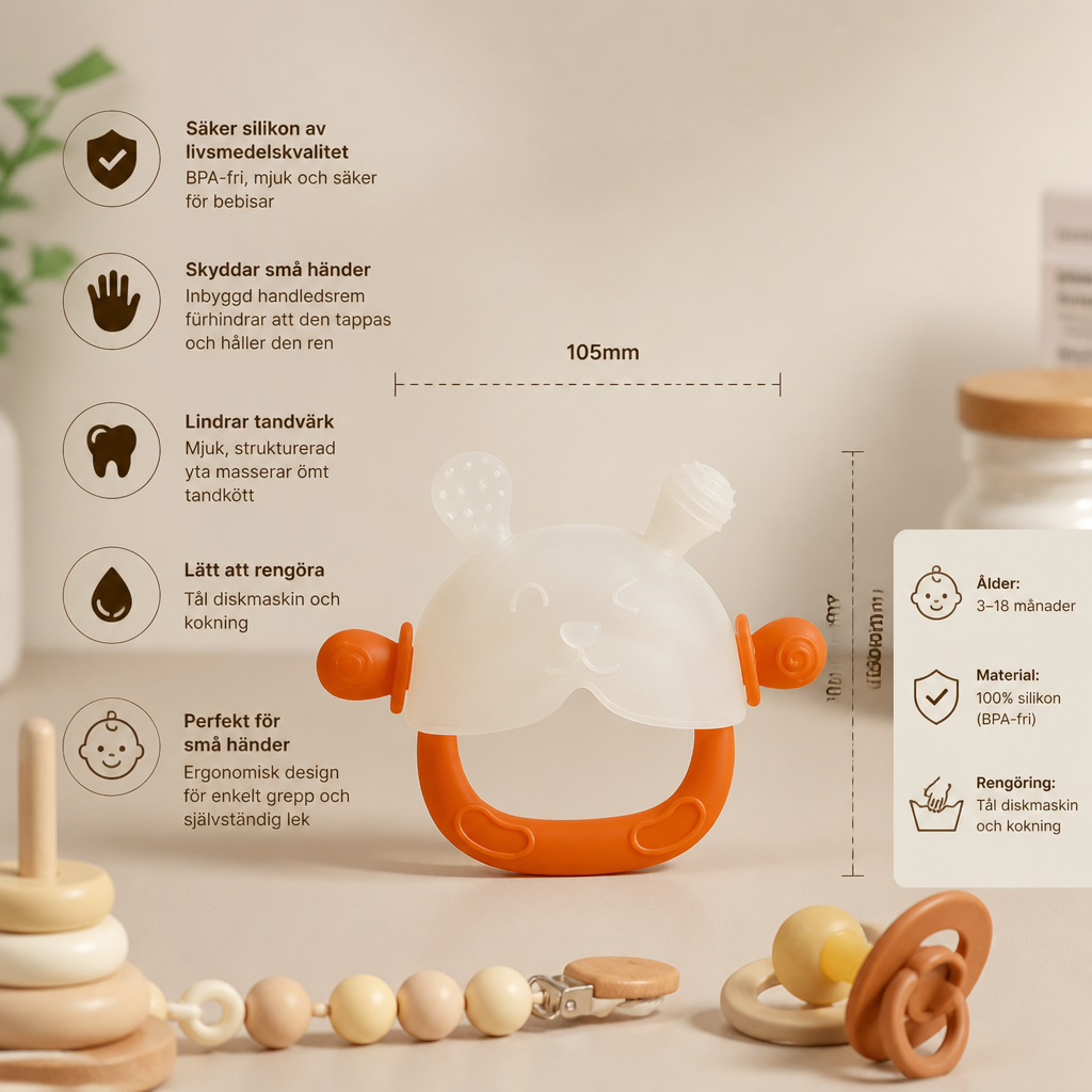 Bunny Baby Bitvante – Mjuk BPA-fri Silikonbitring med Anti-tapphandledsband (3–18 månader)