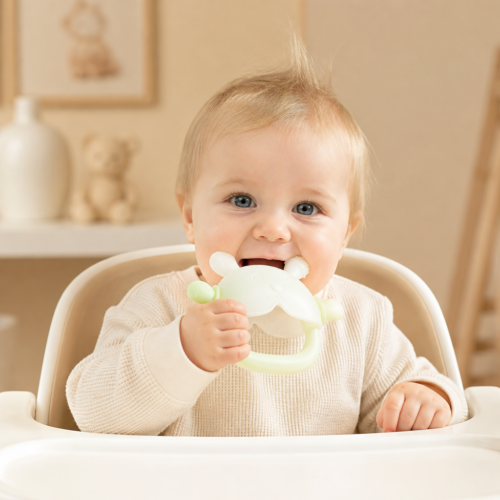 Bunny Baby Bitvante – Mjuk BPA-fri Silikonbitring med Anti-tapphandledsband (3–18 månader)