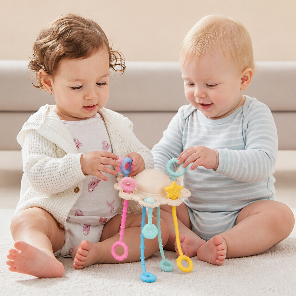 Montessori Sensorisk Drag- och Upptäckarleksak för Tandsprickning – Silikonleksak med Dragsnören för Taktil Inlärning och Lindring av Tandkött