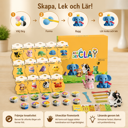 12-delat pysselset med lufttorkande lera och djur för barn