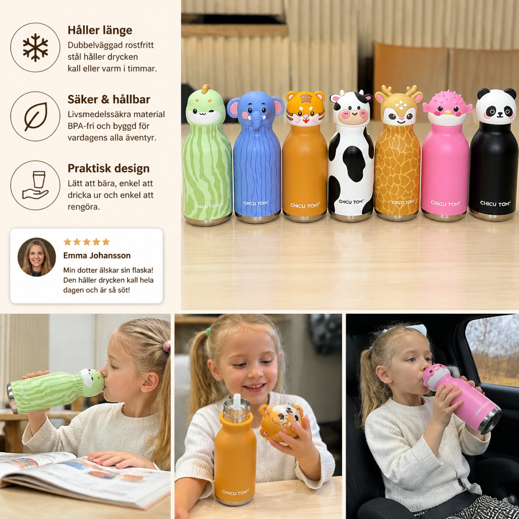 Söt Isolerad Dryckeskopp i Rostfritt Stål med Tecknat Djurmotiv och Sugrör – 480 ml