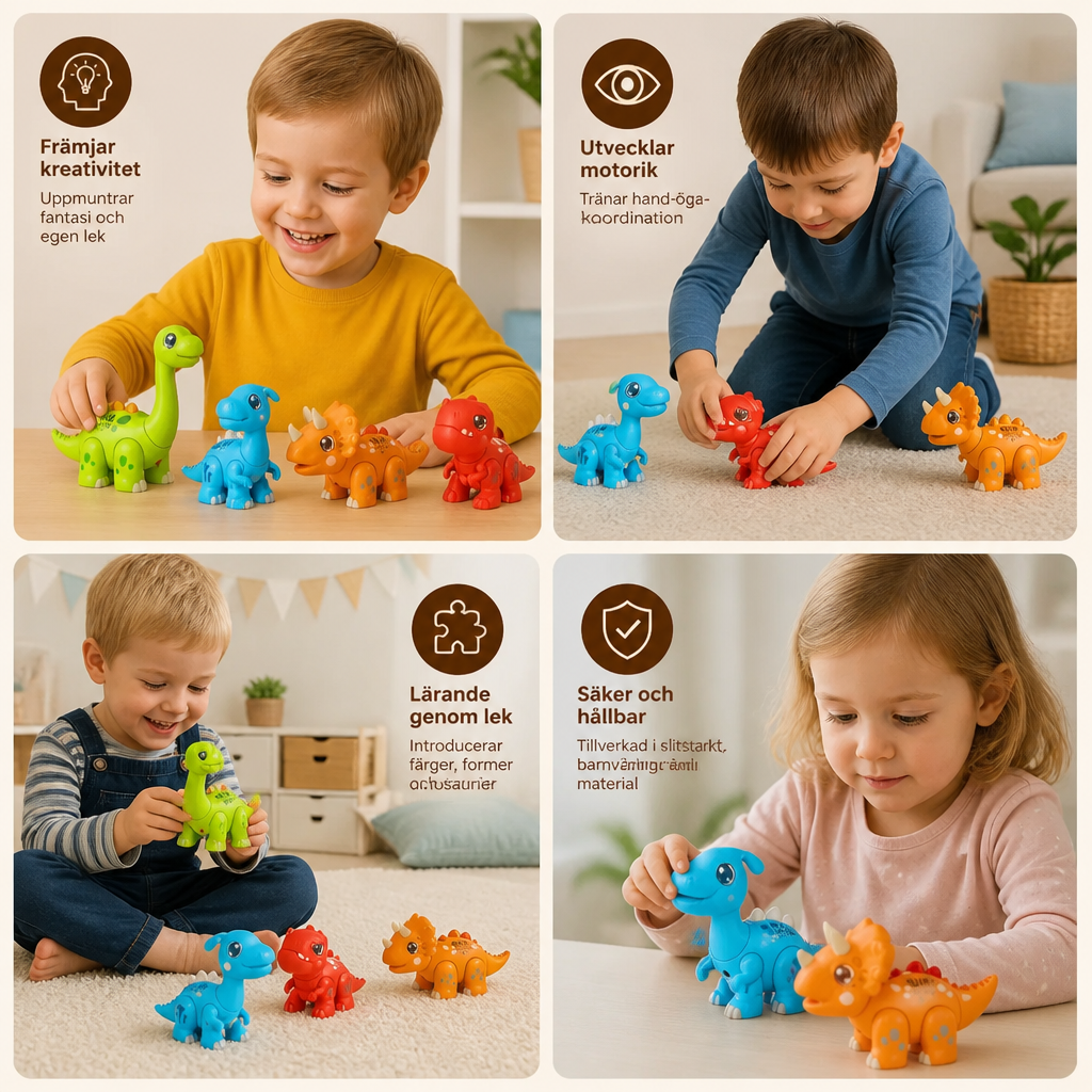 Enkel att montera STEM-lärleksak med dinosaurier, ljus och ljud