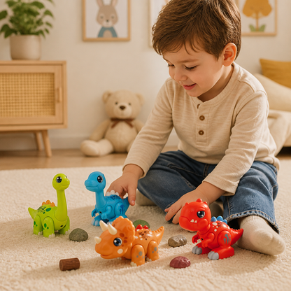 Enkel att montera STEM-lärleksak med dinosaurier, ljus och ljud