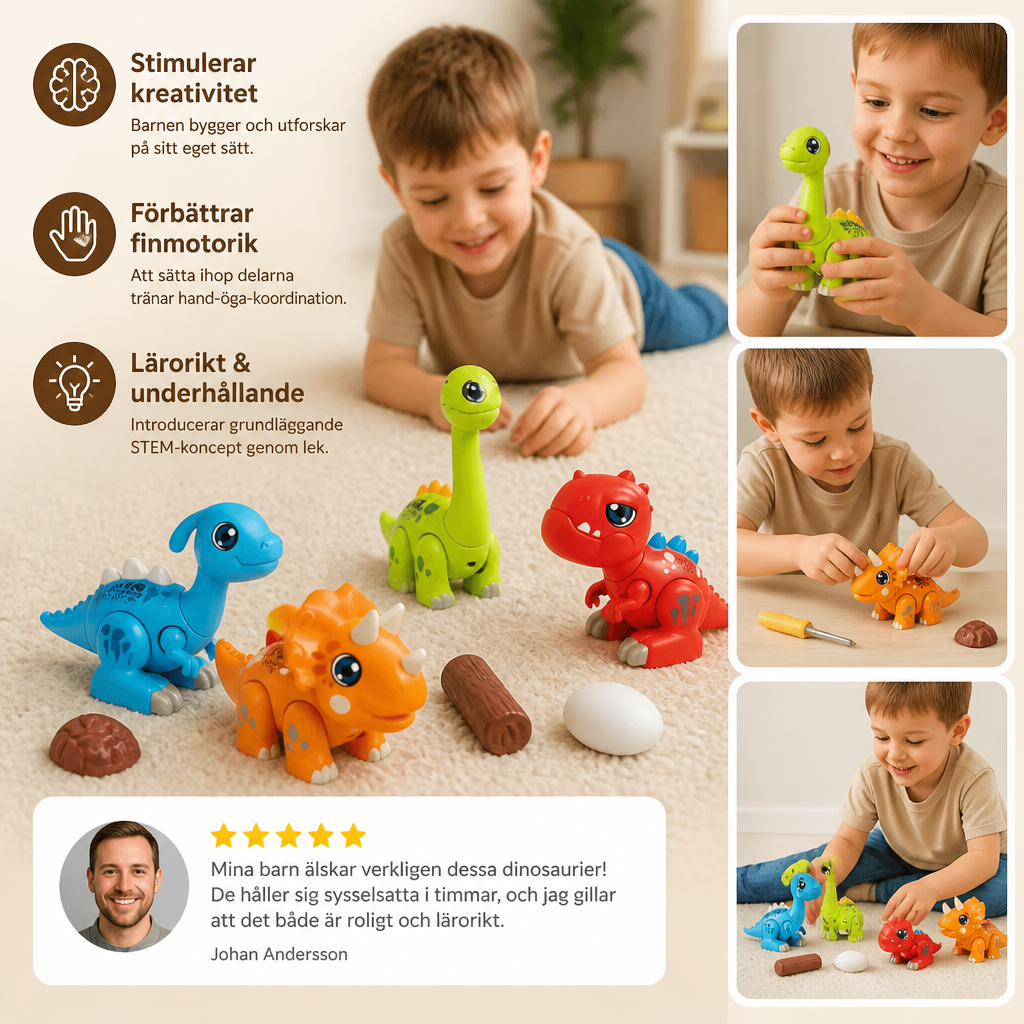 Enkel att montera STEM-lärleksak med dinosaurier, ljus och ljud