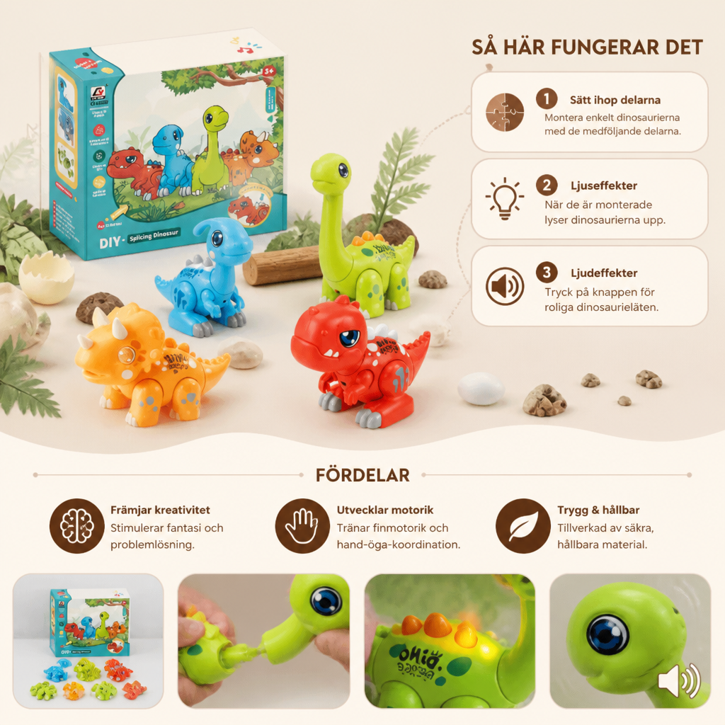 Enkel att montera STEM-lärleksak med dinosaurier, ljus och ljud