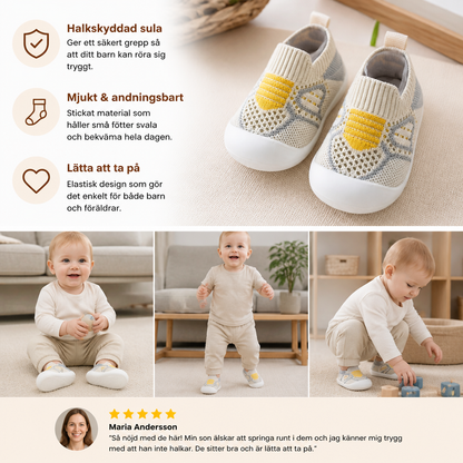 Mjuka stickade halkfria babysockskor för de första stegen