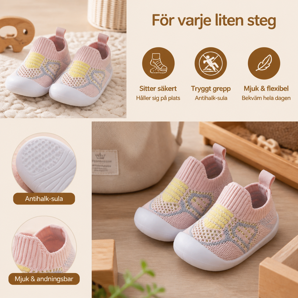 Mjuka stickade halkfria babysockskor för de första stegen