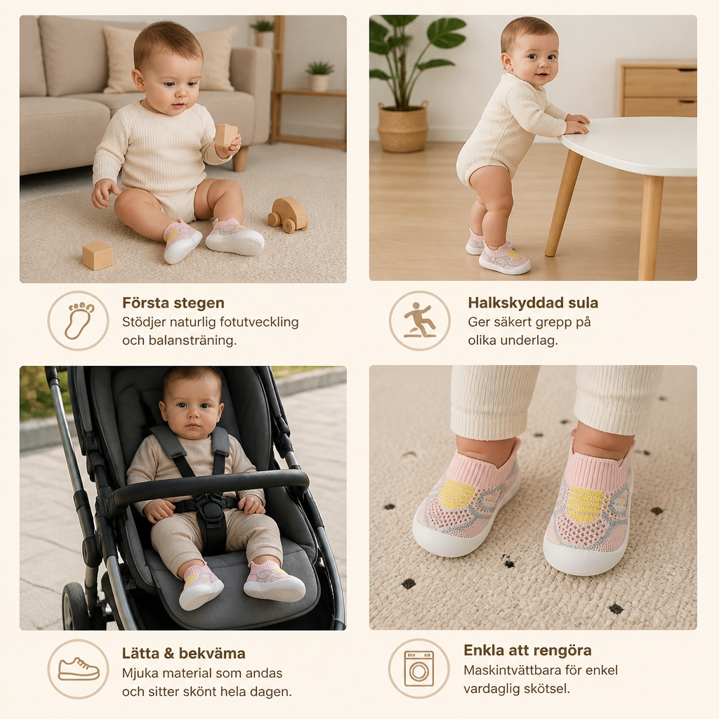 Mjuka stickade halkfria babysockskor för de första stegen