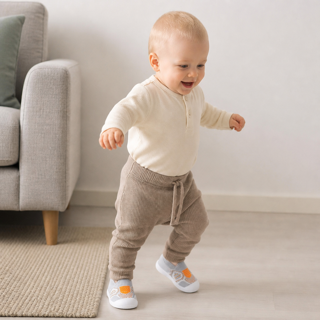 Mjuka stickade halkfria babysockskor för de första stegen