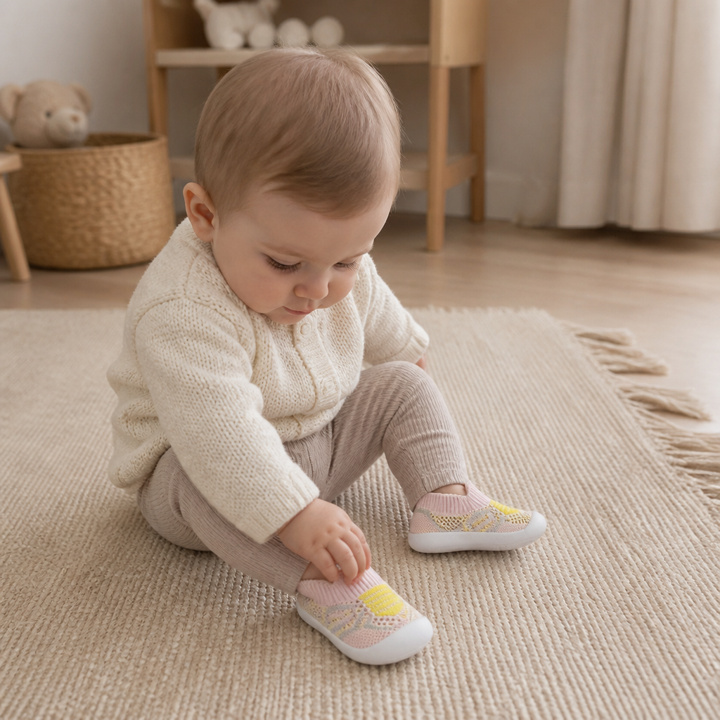 Mjuka stickade halkfria babysockskor för de första stegen