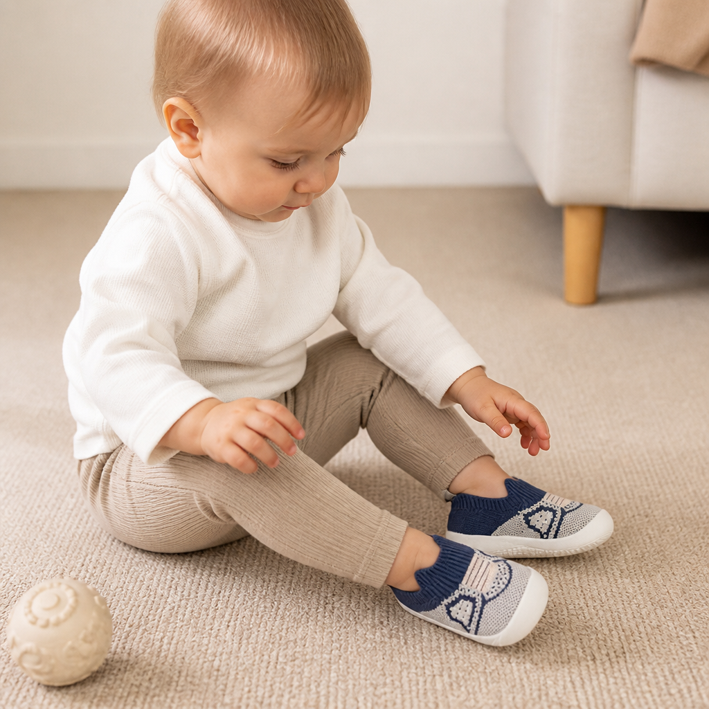 Mjuka stickade halkfria babysockskor för de första stegen