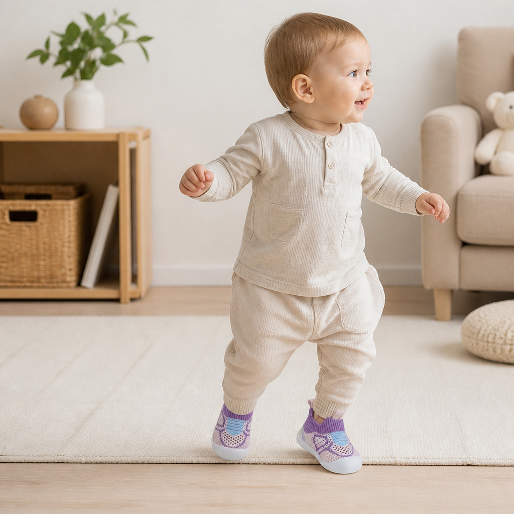 Mjuka stickade halkfria babysockskor för de första stegen