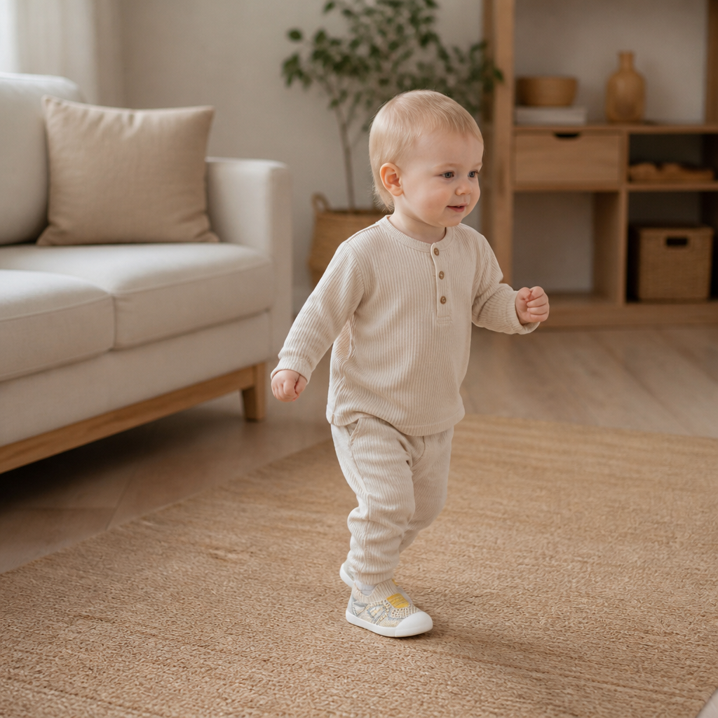Mjuka stickade halkfria babysockskor för de första stegen