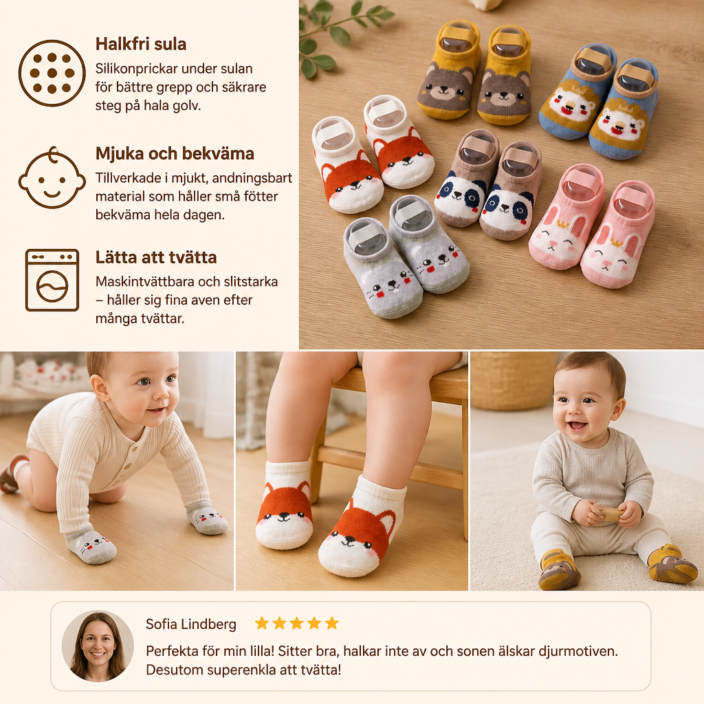 Halkfria sockskor med tecknade motiv för bebisar och småbarn